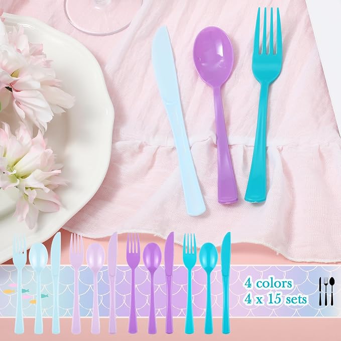 Minatee 180 Pcs Mermaid Plastic Silverware Heavy Duty Cutlery Sets Disposable Utensils for Holiday Birthday Themed Party Supplies, 60 of Each Forks Knives Spoons