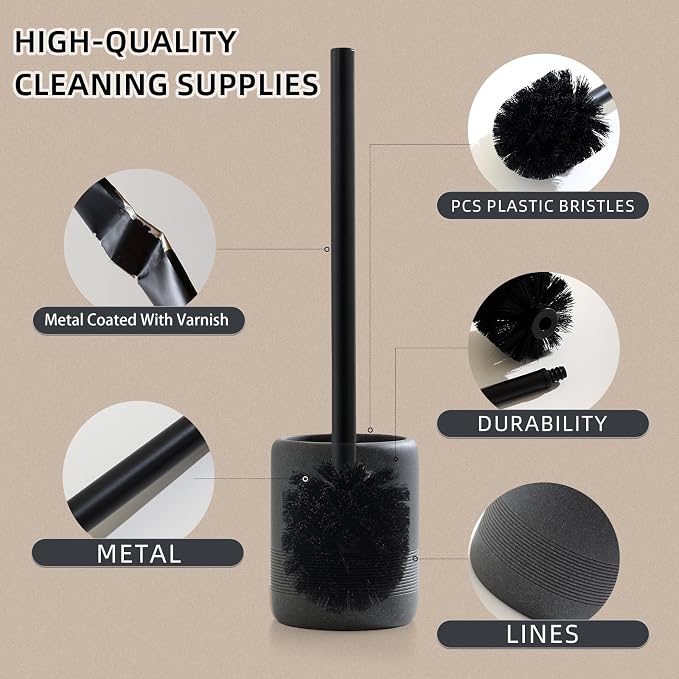 Toilet Brush and Holder Set, 2 PCS Decorative Toilet Bowl Brush and Holder Set Bathroom Aceessories Toilet Scrubber Brush Set with Heavy-Weight Resin Base with Long Handle (Black)
