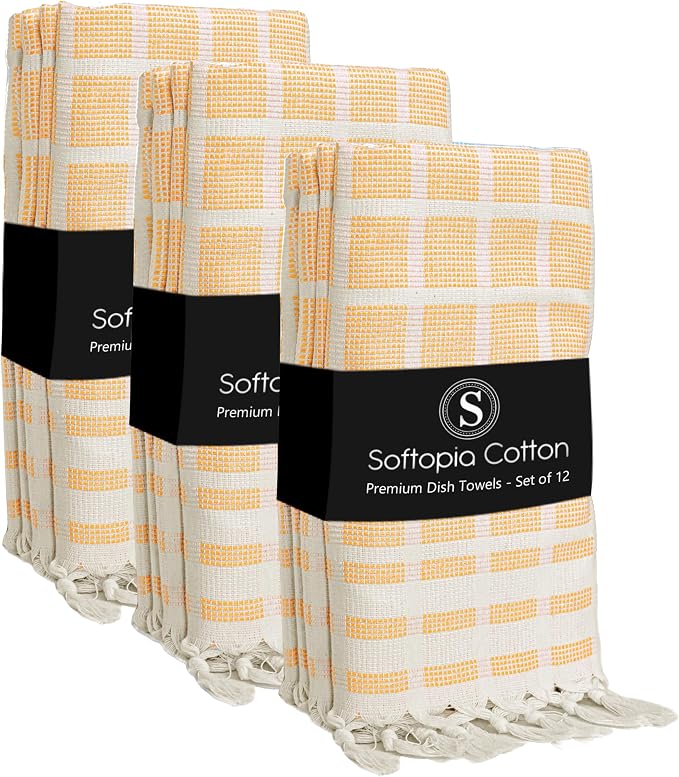 Matrix Dobby Kitchen Towels 12 Pack 100% Cotton, 16x26 Inches, Decorative Tea Towels with Handmade Tassels, Absorbent Washable Wash Cloths for Kitchen Drying - Mustard Yellow, Natural