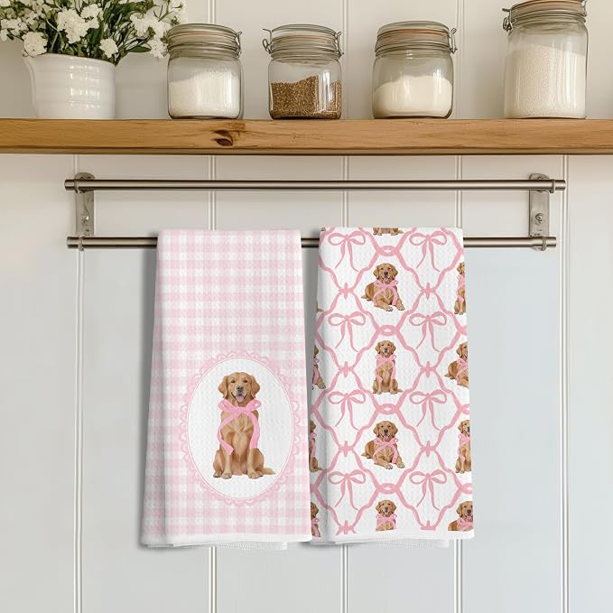 Coquette Pink Bow Golden Retriever Gifts Kitchen Hand Towels for Bathroom，Coquette Pink Golden Retriever Girly Bathroom Kitchen Decor,16x24 Inch Set of 2