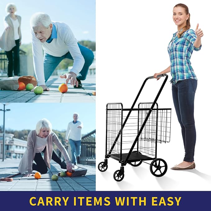 BIEAMA Folding Shopping Cart, 450 Lb Capacity Grocery Cart, Extra Large | Heavy Duty Utility Cart with 360 Rolling Swivel Wheels, Extra Basket