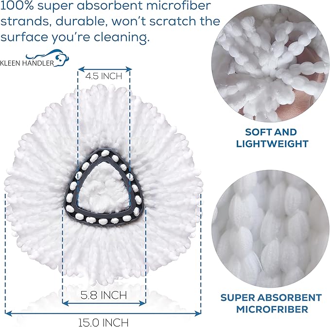 KLEEN HANDLER Microfiber Spin Mop Replacement Head Refills Compatible with O-Cedar EasyWring 1 Tank System, White, L (3-Pack)