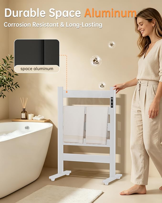 5-Bar Freestanding Towel Warmer, Adjustable Temperature 110–170°F, Timer and Auto Shut-Off, Fast Heating in 10 Minutes, Durable Space Aluminum, Wide Bars, Matte White for Bathroom and Spa