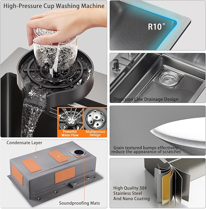 26 x 19.7 Inch Black-Grey Stainless Steel Waterfall Kitchen Sink, Multifunctional Single Bowl Modern Kitchen Sink with Pull-Out Spray Faucet, Cup Washer, and Accessory