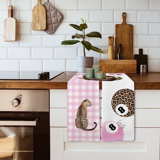 Trendy Leopard Cheetah Print Poker Lucky 8 Ball Bathroom Decor, Preppy Pink Plaid Decor Dish Hand Towels for Bathroom Kitchen Sets of 2, Cheetah Gingham Kitchen Towels and Dishcloths,16x24in