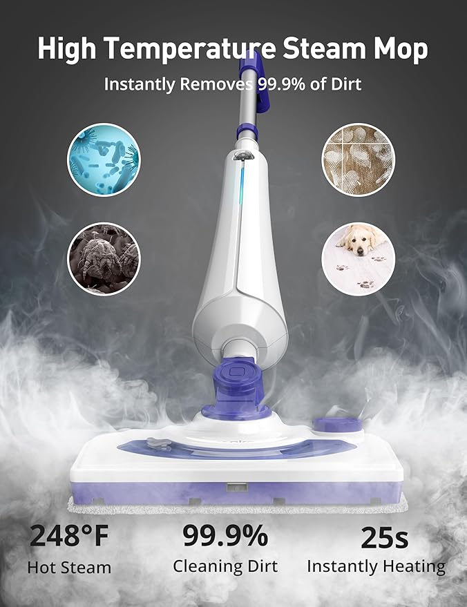 Aspiron Professional Steam Mop Cleaner, 1300W Floor Steamer with Detergent Chamber, 25S Heat Up, Lightweight Steamer for Cleaning with 2 Washable Pads, Safe for Tiles, Upholstery, Hardwood, White