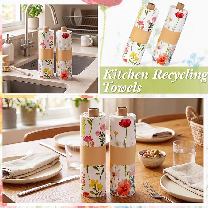 Redbaker 50 Pcs Reusable Paper Towels Paperless Reusable Cotton Cloths Toilet Absorbent Washable Paper Towels with Roll Kitchen Dishcloth for Kitchen Paperless Dishcloths (Wildflower)