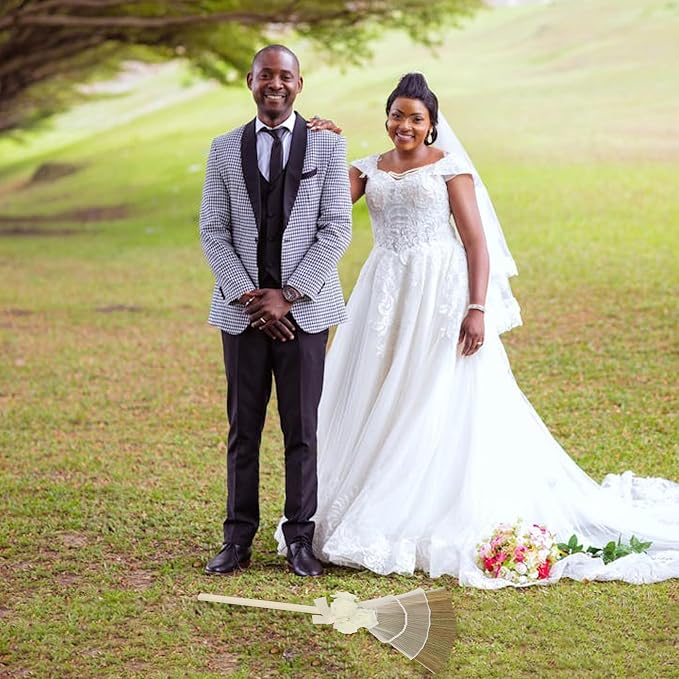 Wedding Broom for African American Jumping Ceremony, Decorative Jump Broom DIY Wedding Decor, Pearl Yarn Pearl Chain with Ribbons Artificial Pearl Roses
