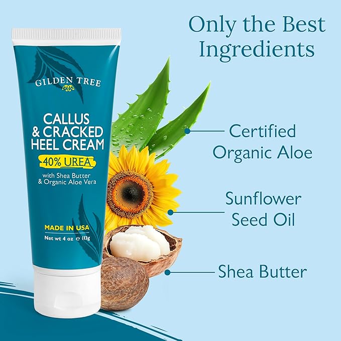 Urea Cream 40 Percent for Feet Maximum Strength Cracked Heel Treatment Foot Cream for Calluses and Dry Feet, Enriched with Shea Butter & Aloe for Moisturizing, Made in USA