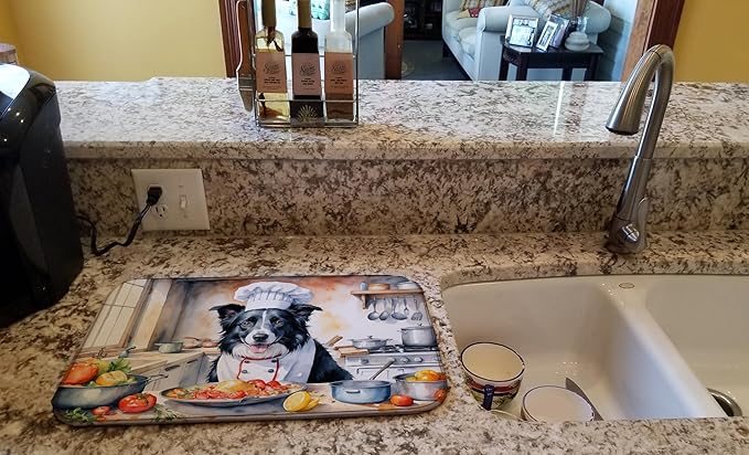 Caroline's Treasures DAC6212DDM Border Collie The Chef Dish Drying Mat Absorbent Dish Drying Mat Pad for Kitchen Counter Dish Drainer Mat for Countertop, 14 x 21", Multicolor