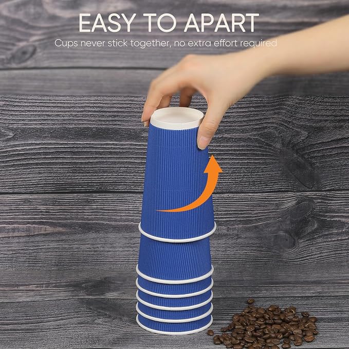 100 Pack 16 oz Disposable Coffee Cups with Lids and Straws, Insulated Ripple Wall To Go Paper Corrugated Cups, Bulk for Hot/Cold Drinks, Cafe Bar, Office, Chocolate, Cocoa (Navy)
