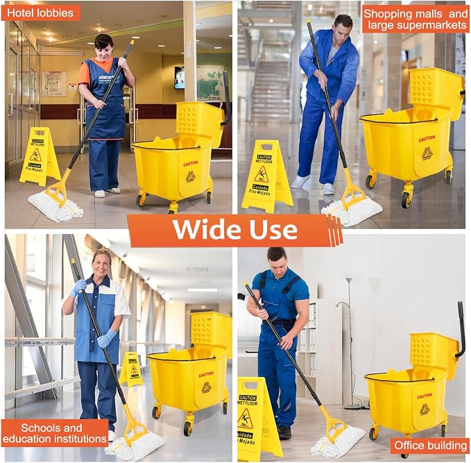 35 Qt Commercial Mop Bucket with Side-Press Wringer Combo on Wheels | Including Janitor Industrial Mop Bucket,Commercial Mops and Wet Floor Caution Sign,Yellow, VOUBIEN