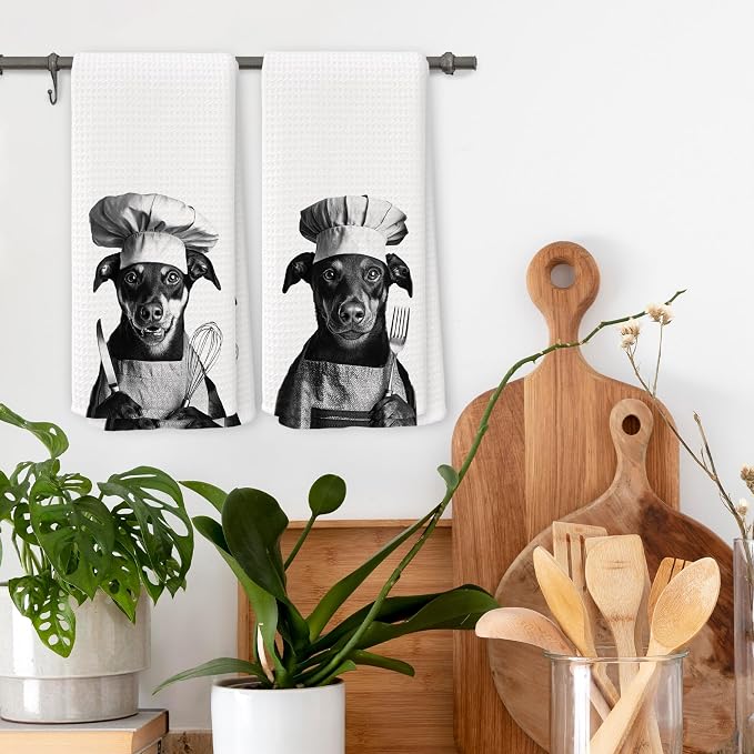 Funny Chef Doberman Pinscher Kitchen Towels Set of 2, Doberman Gifts for Women Dish Tea Towels for Kitchen, Dog Mom Lovers Owner Gifts Decorative Hand Towel, 16x24 Inch