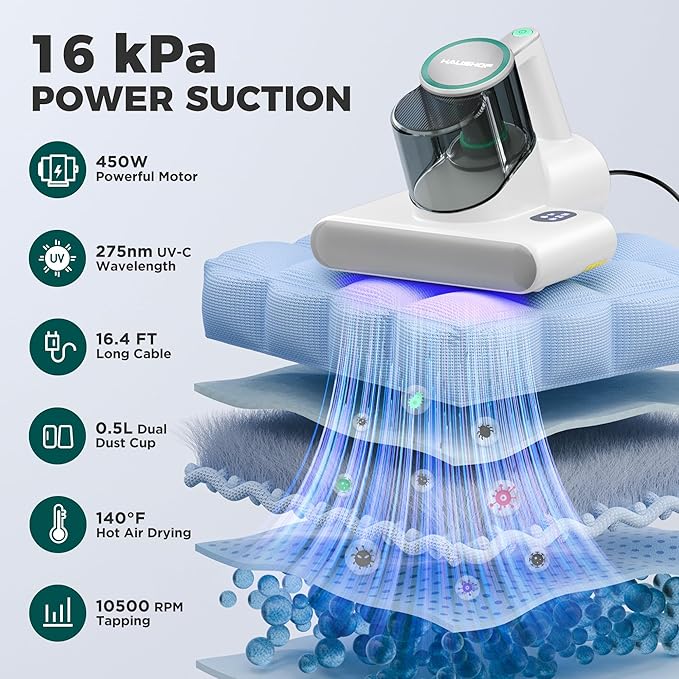 HAUSHOF Mattress Vacuum Cleaner, 16 Kpa Bed Vacuum Cleaner with 275nm UV-C Light, 140°F Heat, Ultrasonic, HEPA Filter, Dual Dust Cups, Versatile Handheld Vacuums for Bed, Sofa, Couch, Crib