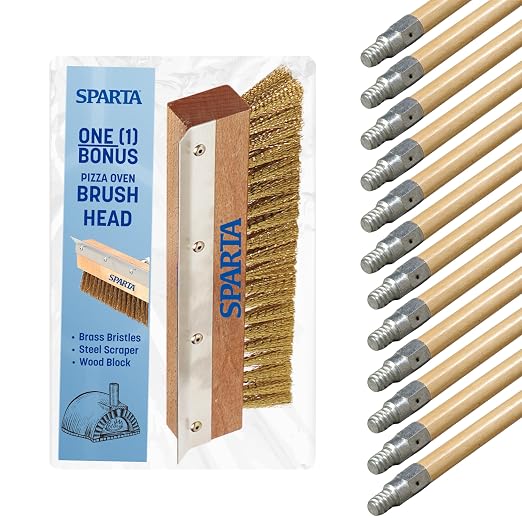12 Carlisle 40-Inch Wood Handles + Bonus Sparta Pizza Oven Brush Head with Brass Bristles & Stainless-Steel Scraper, Durable Commercial-Grade Cleaning Tools