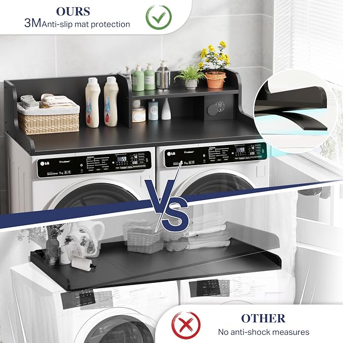 DTK Washer Dryer Countertop with Charging Station, 2 Tier Laundry Countertop with Anti-Slip Strips, 27.55" Depth x 54" Width, Wood Dryer Cover with Shelf, Black