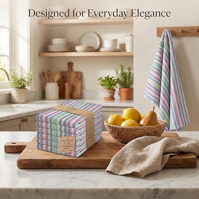 Urban Villa Kitchen Towels 100% Cotton Dish Towels for Kitchen(Set of 6)20”x30” Dish Cloths Highly Absorbent Kitchen Linen Set with Hanging Loop Perfect for Drying Dishes Cleaning Towels-Blue Stripes
