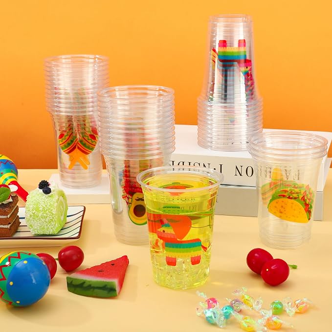 50 Pcs Mexican Fiesta Plastic Cups 16 oz Mexican Party Cups Cinco De Mayo Disposable Cup Clear Drinking Cup Bulk for Taco Birthday Hispanic Heritage Month Party Supplies