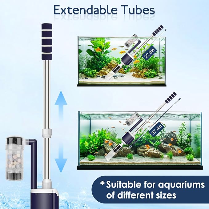 AQQA 600GPH Electric Aquarium Gravel Cleaner, 6-in-1 Automatic Fish Tank Vacuum Cleaner & Water Changer with Stainless Steel Handle & 3-Stage Filter Cup for Turtle Tanks, Adjustable Flow 34W