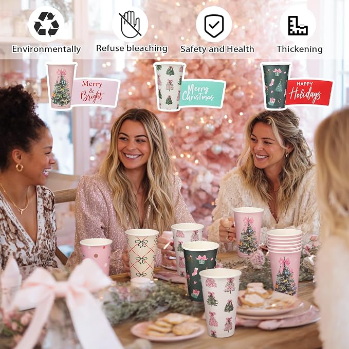 36 Sets/ 108 Pcs Pink Bow Christmas Tree Paper Cups 16 oz Disposable Coffee Cups with Lids and Sleeves Xmas Hot Cocoa Coffee Mug for Cold Drinks Hot Chocolate Christmas Party Supplies