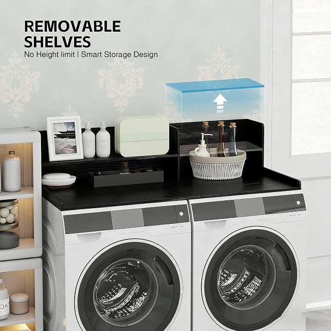 Wooden Washer Dryer Countertop Shelf, Laundry Countertop,54.7"X 28.3"Black | Washer And Dryer Countertop Adjustable Shelf,Washing Machine Topper 3-In-1 Folding Sorting & Ironing,Space Saving Laundry
