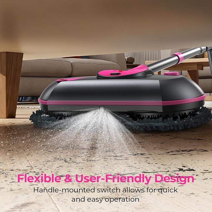 Electric Spin Mop with Water Sprayer, 300ml Tank Cordless Self-Propelled Floor Cleaner for Hardwood & Tile, Adjustable Handle, Quiet Cleaning, 2500mAh Long-Lasting Battery, Pink