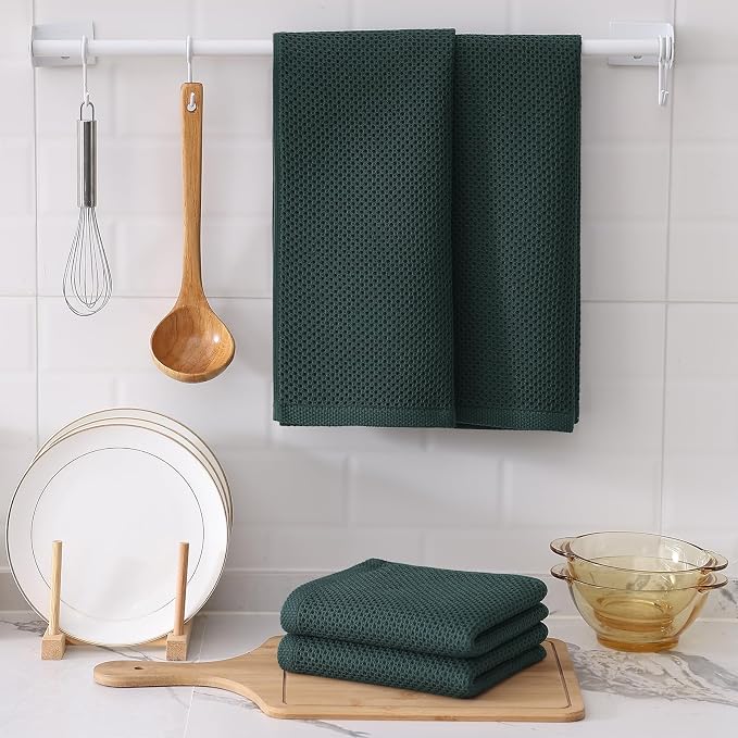 Kitinjoy 100% Cotton Waffle Weave Kitchen Hand Towels (13 X 28 Inches, Blackish Green), 6-Pack Super Soft and Absorbent Dish Towel for Drying Dishes