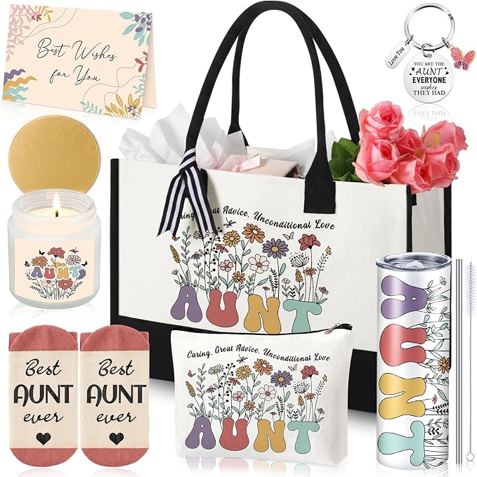 Patelai 7 Pcs Auntie Gifts for Women,Aunt Birthday and Wedding Gift, Best Aunt Ideas Presents Set with 20oz Tumbler Tote Bag Scented Candle Keychain Makeup Pouch Appreciation Gifts from Niece Nephew