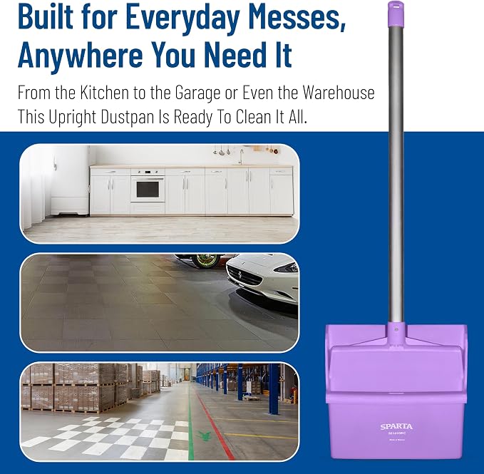 SPARTA Color Coded Upright Dustpan with 30 Inch Aluminum Handle, Serrated Edge and Locking Yoke, Standing Commercial Floor Dust Pan, Purple