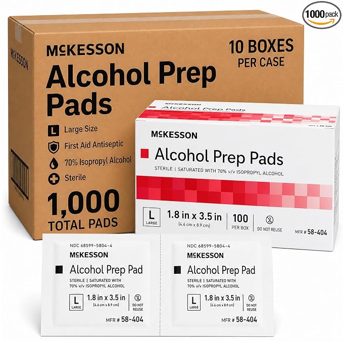 McKesson Alcohol Prep Pads, (1000 Count) - Sterile, Individually Wrapped Wipes, 70% Isopropyl Alcohol, Large Size, 2-Ply, Medical Grade, First Aid, 10 Boxes