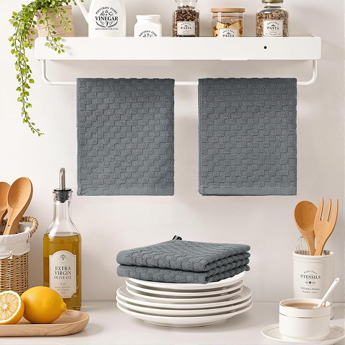 Homaxy 100% Cotton Terry Kitchen Dish Cloths, Ultra Soft Absorbent Dish Towels with Hanging Loop, Pineapple Grid Designed, 12 x 12 Inches, 6-Pack, Dark Grey