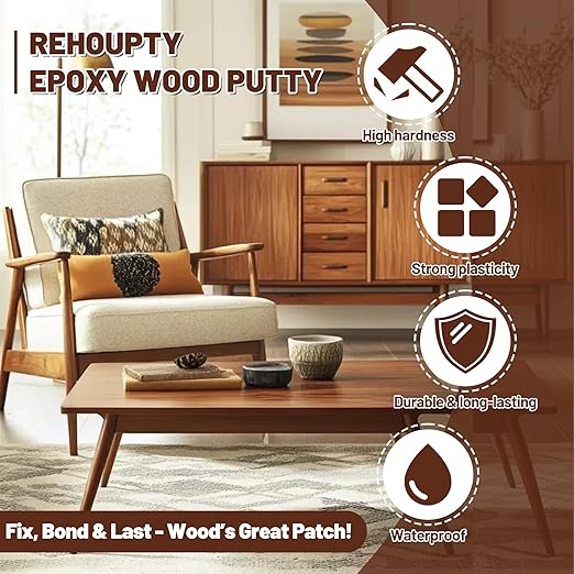 Epoxy Wood Putty Filler Kit, High Capacity Strength Wood Epoxy & Repair Kit - Stainable Paintable 32oz 2-Part Putty Filler, Woodon Filler Interior & Exterior Furniture Repair Set for Damages (Brown)