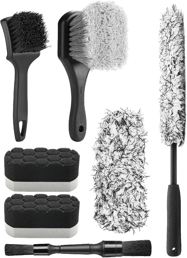 Fantasticlean 7PCS Car Wheel Brush Kit, Tire Brush for Car Owners & Auto Detailers, Soft-bristled Rim Brush, Flat Wheel Brush, Double-Ended Detailing Brush and Pads for Home Shop, Cars Trucks RVs