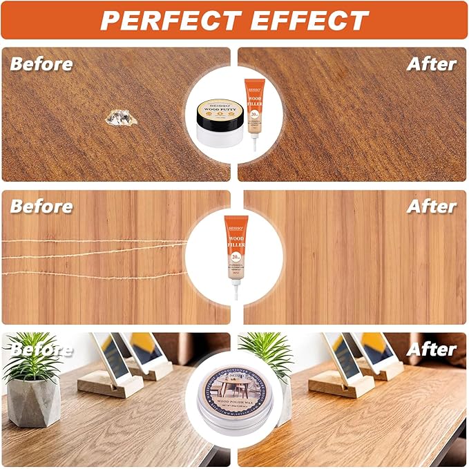 SEISSO Wood Repir Kit, 8 Colors Touch up Fillers, Wood Putty with Wood Polish Wax - Restore Stains, Scratch, Cracks, Hole, Hardwood Furniture Repair Kit for Cabinet, Floor, Door, Table