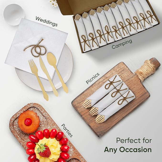 EcoPreps Luxury Pre-Rolled Napkin and Bamboo Cutlery Set (30 Pack, 120 PCS) 100% Biodegradable, Eco-Friendly, Disposable Wrapped Cutlery - Includes Pre-Wrapped Bamboo Forks, Knives, Spoons, & Napkins