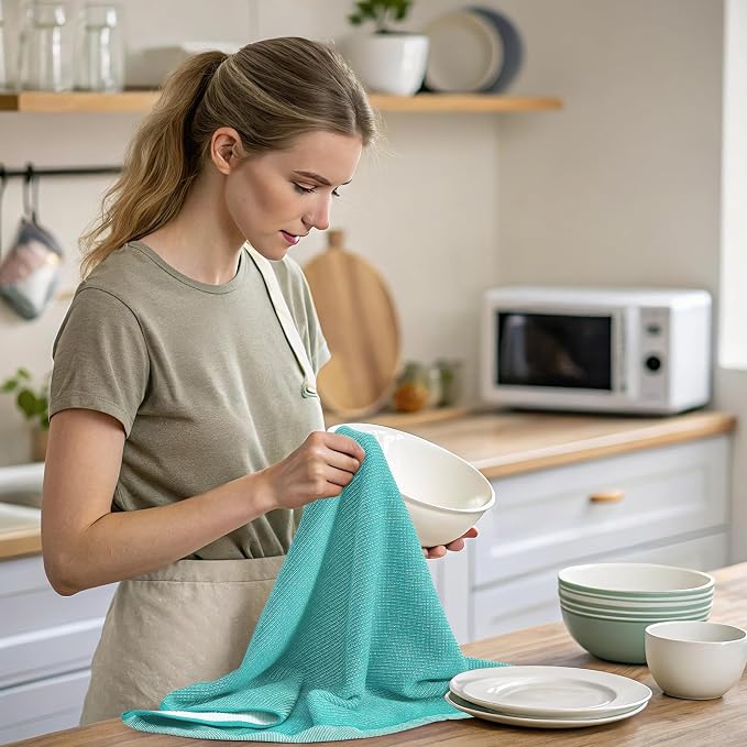 Mordimy Premium Kitchen Towels 8 Pack (18 x 28 Inches, Teal), Large Cotton Kitchen Hand Towel, Flat & Terry Dish Towels for Drying Dishes, Super Absorbent Tea Dishtowels Set with Hanging Loop