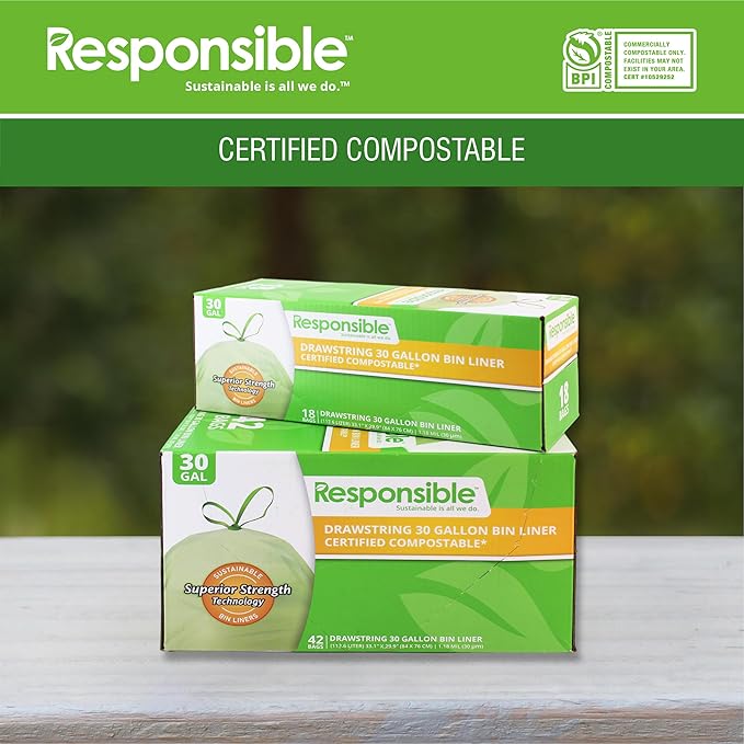 Responsible Products Kitchen Bin Liners, Certified Compostable, Heavy Duty Multipurpose Food Scrap Bags, Made from Compostable Materials (30 Gallon Drawstring, 30 Gallon (90 Count))