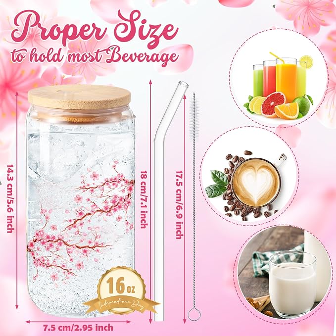 Sliner 2 Pcs Cherry Blossom Glass Cups Floral Drinking Glasses Sakura Iced Coffee Tumbler with Lid Straw Cleaning Brush 16 oz Beer Can Tumbler Holiday Gifts for Home Office Decorations