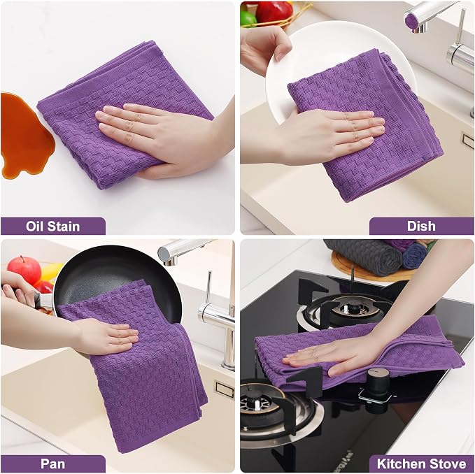Homaxy 100% Cotton Terry Kitchen Towels(15" x 25", 12 Pack), Soft and Super Absorbent Dish Towels, 380 GSM Reusable Tea Towel with Hanging Loop, Pineapple Grid Designed, Purple