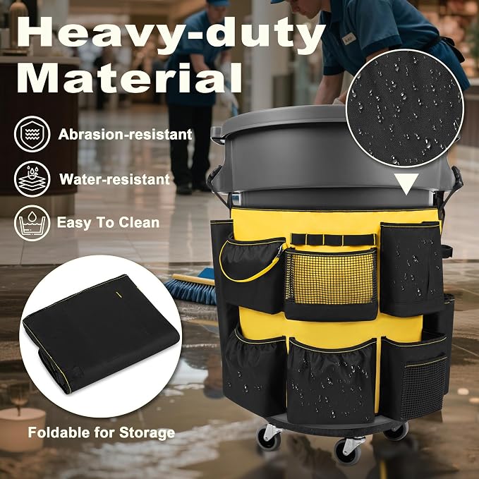 HODRANT 32-55 Gallon Trash Can Caddy Bag, Garbage Bin Apron Caddy with Multiple Pockets for Cleaning Supplies, Cleaning Tool Organizer with Adjustable Buckle for Janitorial Trash Can, Black+Yellow