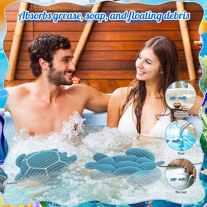 2 Pack Hot Tub Scum Absorber, Reusable Washable Scum Turtle Hot Tub Sponge for Spa Pool Cleaner Oil Absorbing Adults, Turtle