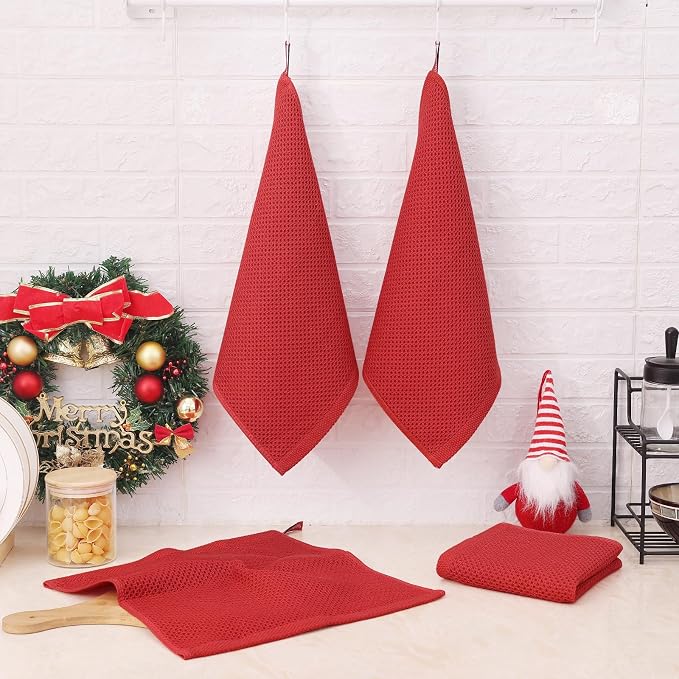 Kitinjoy 100% Cotton Kitchen Dish Cloths (12 X 12 Inches, Red), 8 Pack Waffle Weave Ultra Soft Absorbent Dish Towels for Drying Dishes Quick Drying Kitchen Towels Dish Rags