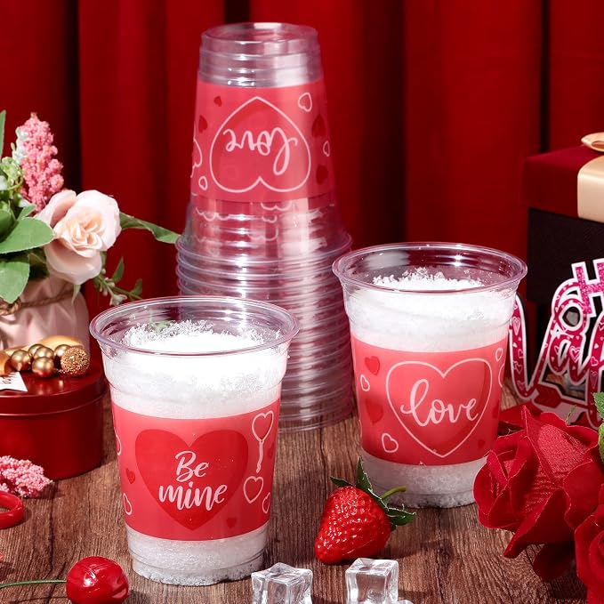 Meanplan 100 Pcs 12 oz Valentine Plastic Cups Bulk Valentine Drinking Cups Pink Heart Glasses Drinking Galentine Day Party Favor Supplies for Beverages Iced Juice Wedding Anniversary(Be Mine Style)