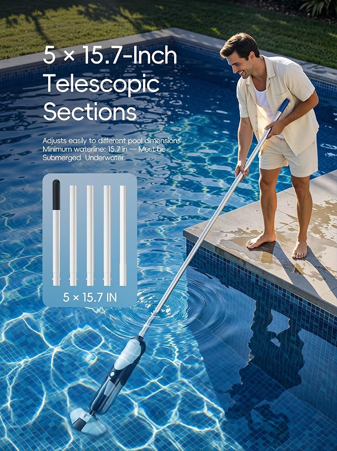 Cordless Pool Vacuum for Above Ground & Inground Pools, Handheld Swimming Pool Vacuum with Curve-Adaptive Vacuum Head, Removes Sand, Leaves & Debris, 18.5 GPM High-Flow Suction, 1-Hour Cleaning