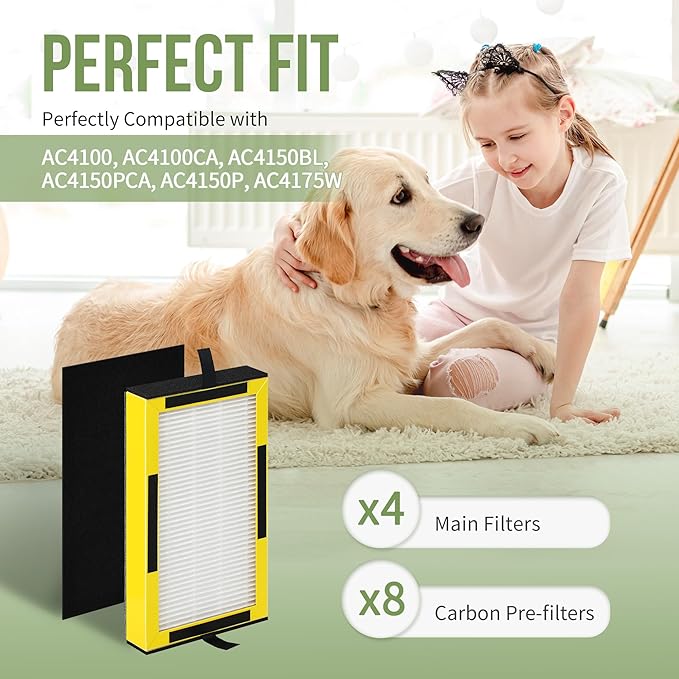FLT4100 Filter Size E Compatible with Guardian Technologies Model AC4100 AC4100CA AC4150BL AC4150PCA AC4150P Purifier, Part # FLT4100 / FLT11CB4 / Filter E, 4 Mian Filters & 8 Carbon Filters