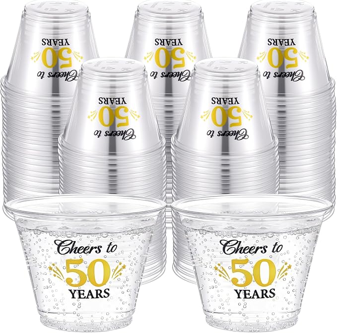 LemonRoad 100 Pack 50th Birthday Cup 9 oz Cheers to 50 Years Birthday Disposable Clear Plastic Cocktail Cups Hot Cold Beverage Drinks for Men Women Wedding Anniversary Decorations Party Favors