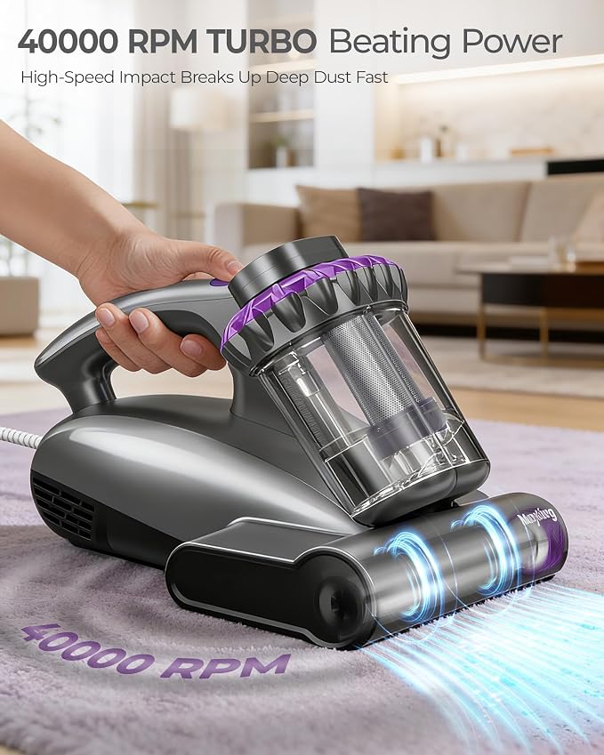 Mayking Upgrade Mattress Vacuum Cleaner - 16kPa Strong Suction & 40000 RPM, LED Display Bed Vacuum Cleaner Dust Detection, 253.7nm UV-C Light & HEPA, 149℉ Heat & Negative Ion for Bed Sofa, Model MV03