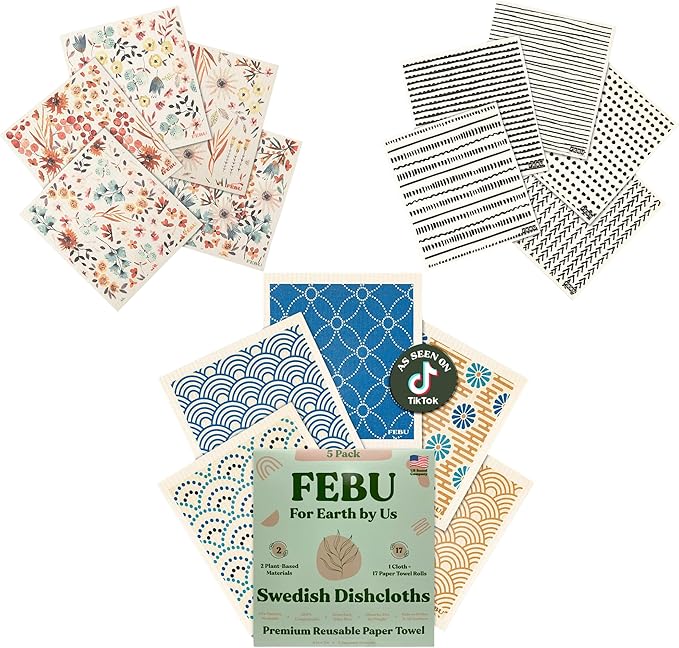 FEBU Swedish Dishcloth Bundle | Set of 3 Packs | Swedish Dishcloths for Kitchen | 5 Pack Reusable Paper Towels Washable