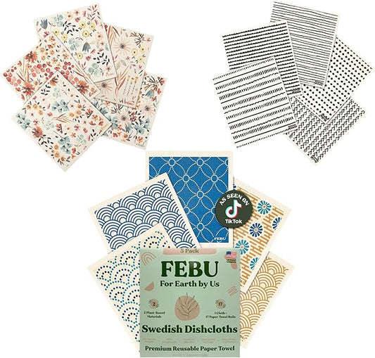 FEBU Swedish Dishcloth Bundle | Set of 3 Packs | Swedish Dishcloths for Kitchen | 5 Pack Reusable Paper Towels Washable