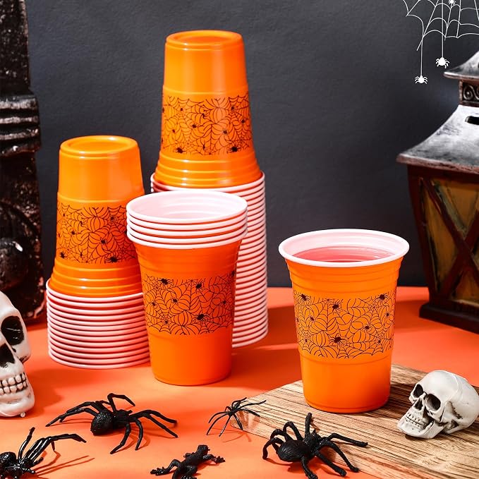 Jingmore 50 Pcs Halloween Plastic Cups, 16 oz Orange Party Disposable Cups Hot Cold Drinks Cups for Party Decoration Supplies Party Favors